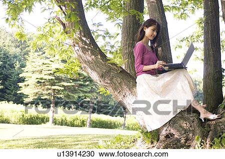 Woman sitting in a tree using her laptop View Large Photo Image Stock Image - Woman sitting in a tree using her laptop. Fotosearch