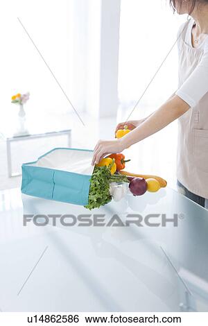 Woman unpacking groceries from eco-bag View Large Photo Image Stock Photograph - Woman unpacking groceries from eco-bag. Fotosearch