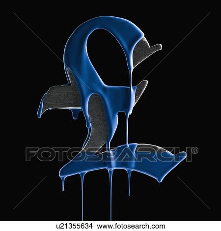 Picture - British pound symbol covered in blue paint. Fotosearch