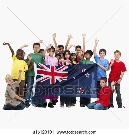 Stock Image - Children holding flag. Fotosearch