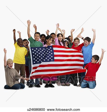 Stock Image - Children holding flag. Fotosearch