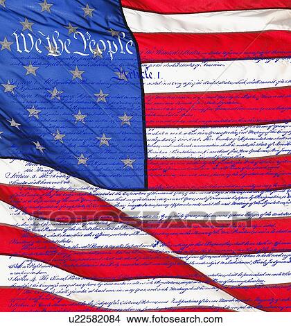 Picture - Declaration of Independence on the American flag. Fotosearch
