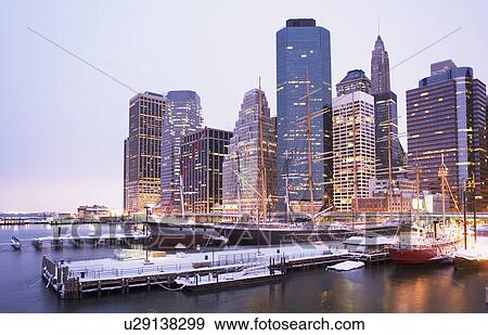 Stock Photo - Manhattan seaport at dusk. Fotosearch