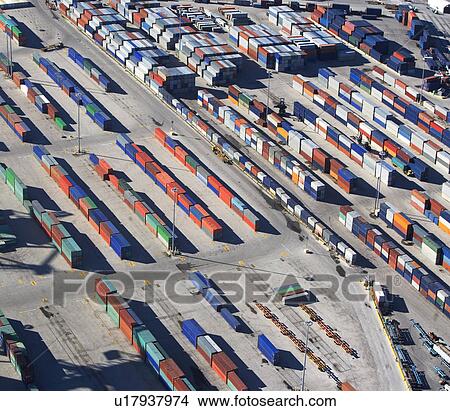 Picture - Shipping containers at commercial dock. Fotosearch