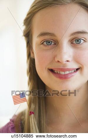 Young girl with American flag in hair View Large Photo Image Stock Photography - Young girl with American flag in hair. Fotosearch