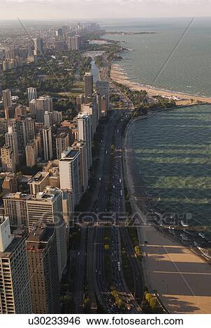 Stock Photograph - Aerial view of Chicago, Lake Shore Drive. Fotosearch