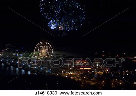 Stock Image - Chicago, Navy Pier, Fireworks. Fotosearch