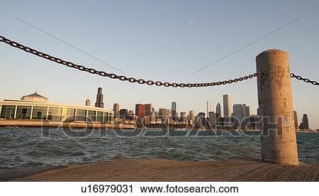 Stock Image - Chicago Skyline, Shedd Aquarium, Lake Michigan. Fotosearch