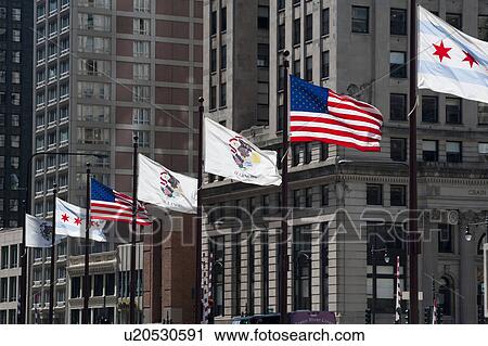 Stock Image - Flags along Michigan Avenue in Chicago. Fotosearch