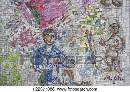 Stock Photograph - Painted mosaic tiles on a wall in Chicago. Fotosearch