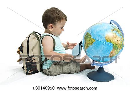 Baby boy with backpack and globe View Large Photo Image Stock Image - Baby boy with backpack and globe. Fotosearch