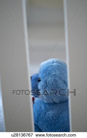 Blue teddy bear in crib View Large Photo Image Stock Photo - Blue teddy bear in crib. Fotosearch