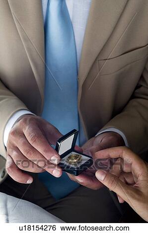 Stock Photograph - Closeup of hands of young man holding a ring in an open jewelry box and young woman's hand. Fotosearch