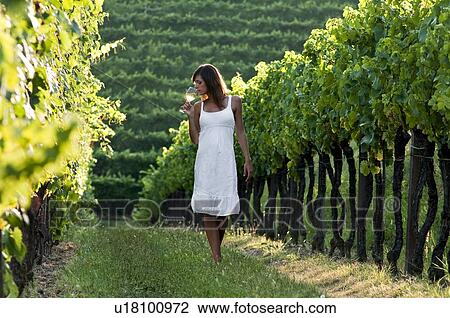 Stock Image - Young woman in vineyard sniffing wine glass. Fotosearch