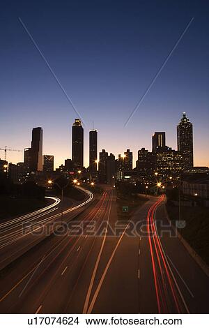 Picture - Freeway into Downtown at Night. Fotosearch