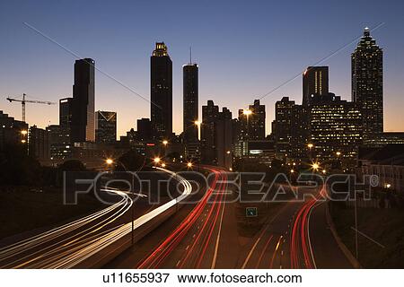 Freeway into Downtown at Night View Large Photo Image Stock Photo - Freeway into Downtown at Night. Fotosearch