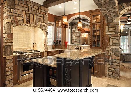 Kitchen Interior With Stone Accents in Affluent Home View Large Photo Image Picture - Kitchen Interior With Stone Accents in Affluent Home. Fotosearch