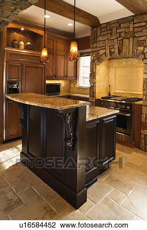 Kitchen Interior With Stone Accents in Affluent Home View Large Photo Image Stock Image - Kitchen Interior With Stone Accents in Affluent Home. Fotosearch