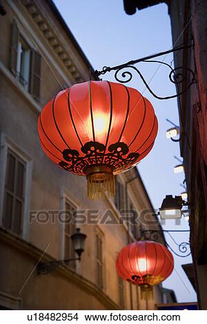 Picture - Red Paper Lanterns Hanging on Building. Fotosearch