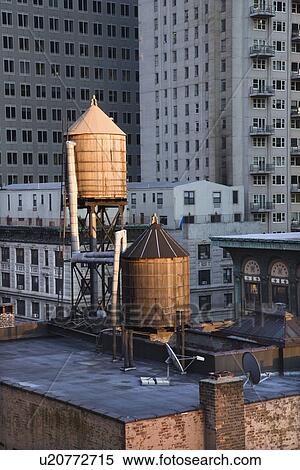 Rooftop Water Towers on NYC Buildings View Large Photo Image Stock Photography - Rooftop Water Towers on NYC Buildings. Fotosearch