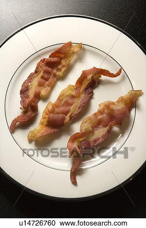 Stock Image - Three Strips of Cooked Bacon on White Plate. Fotosearch
