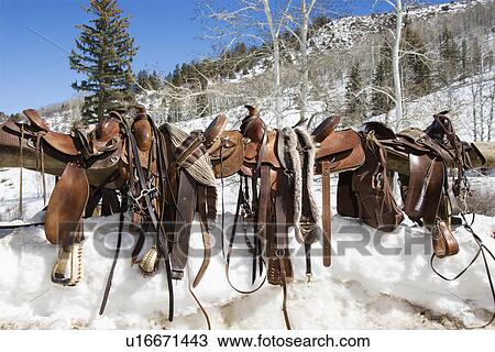 Stock Image - Western Saddles on a Rail. Fotosearch