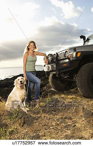 Woman and Dog by SUV at the Beach View Large Photo Image Stock Photo - Woman and Dog by SUV at the Beach. Fotosearch