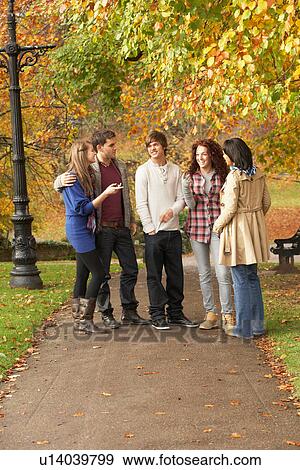 Group Of Five Teenage Friends Chatting In Autumn Park View Large Photo Image Stock Photo - Group Of Five Teenage Friends Chatting In Autumn Park. Fotosearch