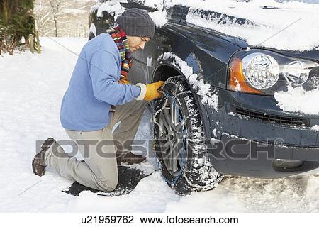 Man Putting Snow Chains Onto Tyre Of Car View Large Photo Image Stock Image - Man Putting Snow Chains Onto Tyre Of Car. Fotosearch