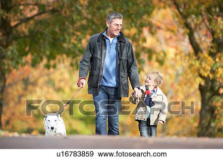 Stock Photo - Man With Young Son Walking Dog Through Autumn Park. Fotosearch