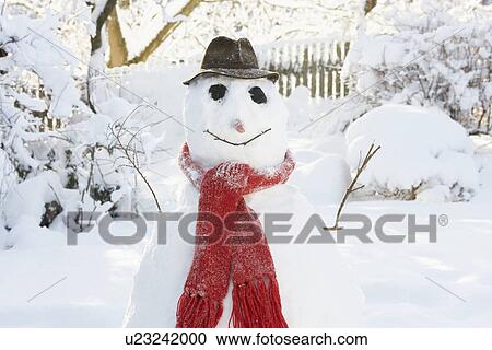 Snowman In Garden View Large Photo Image Stock Image - Snowman In Garden. Fotosearch