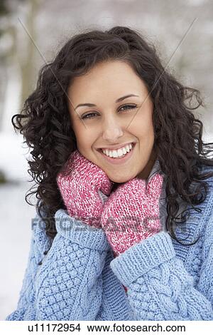 Woman In Snowy Landscape Wearing Warm Clothing View Large Photo Image Picture - Woman In Snowy Landscape Wearing Warm Clothing. Fotosearch