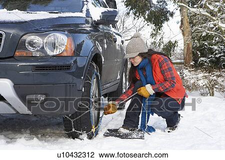 Stock Image - Woman Putting Snow Chains Onto Tyre Of Car. Fotosearch