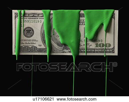 Stock Image - American currency covered in green paint. Fotosearch