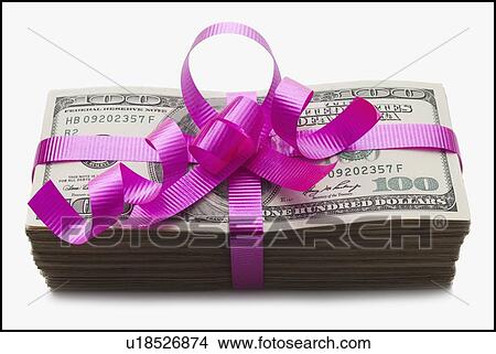 Picture - American currency tied with a pink bow. Fotosearch
