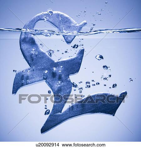 Picture - British pound symbol sinking in water. Fotosearch