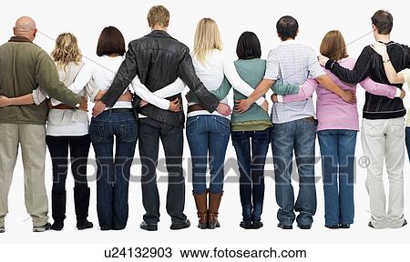 Stock Image - Group of people with their arms around each other's backs. Fotosearch