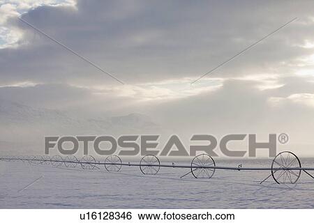 Irrigation equipment on a snow covered field View Large Photo Image Stock Photograph - Irrigation equipment on a snow covered field. Fotosearch