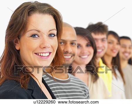 Stock Image - Smiling people in a line. Fotosearch