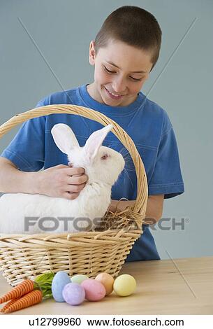 Stock Image - Young boy petting a rabbit in Easter basket. Fotosearch
