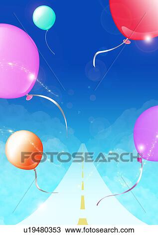 Stock Image - Balloons and road leading to the sky. Fotosearch