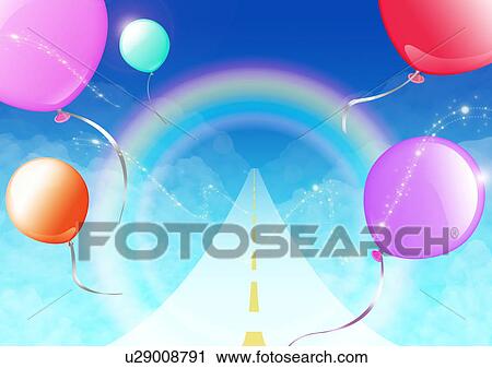 Stock Image - Balloons and road leading to the sky. Fotosearch