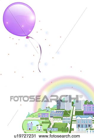 Stock Image - Balloons flying over the town. Fotosearch