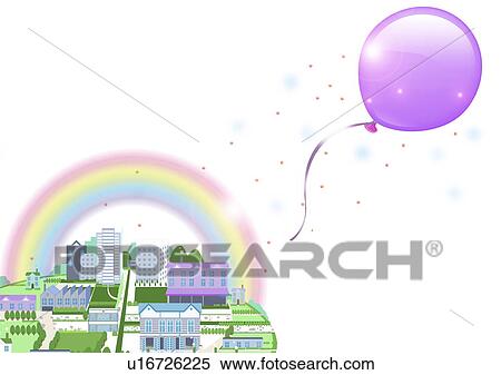 Stock Photography - Balloons flying over the town. Fotosearch