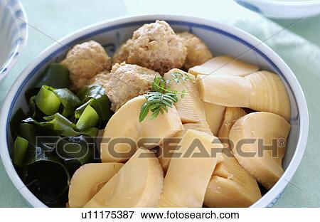 Stock Photo - Bamboo shoot, chicken and seaweed. Fotosearch