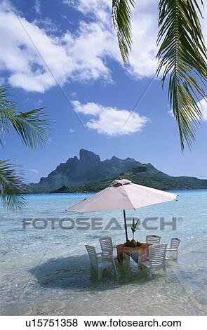 Stock Photo - Beach Umbrella and Table on the Beach. Fotosearch