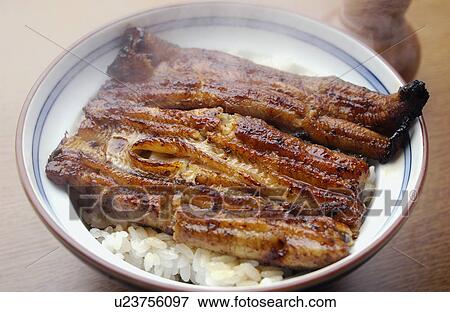 Stock Photo - Bowl of grilled eel on rice, close up. Fotosearch
