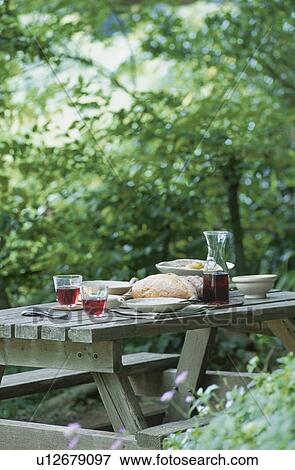 Bread and Red Wine on the Table in the Garden View Large Photo Image Stock Photo - Bread and Red Wine on the Table in the Garden. Fotosearch