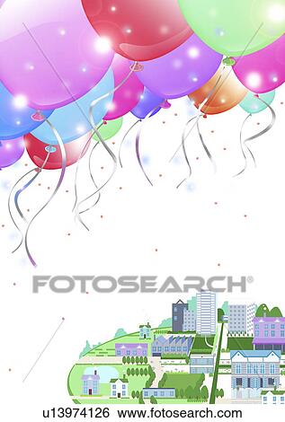 Bunch of colorful balloons flying over city, white background, computer graphic View Large Photo Image Stock Photograph - Bunch of colorful balloons flying over city, white background, computer graphic. Fotosearch