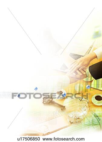 Stock Image - Business people stacking hands on top of each other, computer graphic. Fotosearch